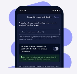 Capture d'écran montrant la page de paramétrage des justificatifs d'achat dans l'Espace pro SNCF Connect