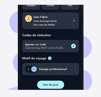 Capture d'écran montrant la sélection du motif 'Voyage professionnel' lors de la recherche
