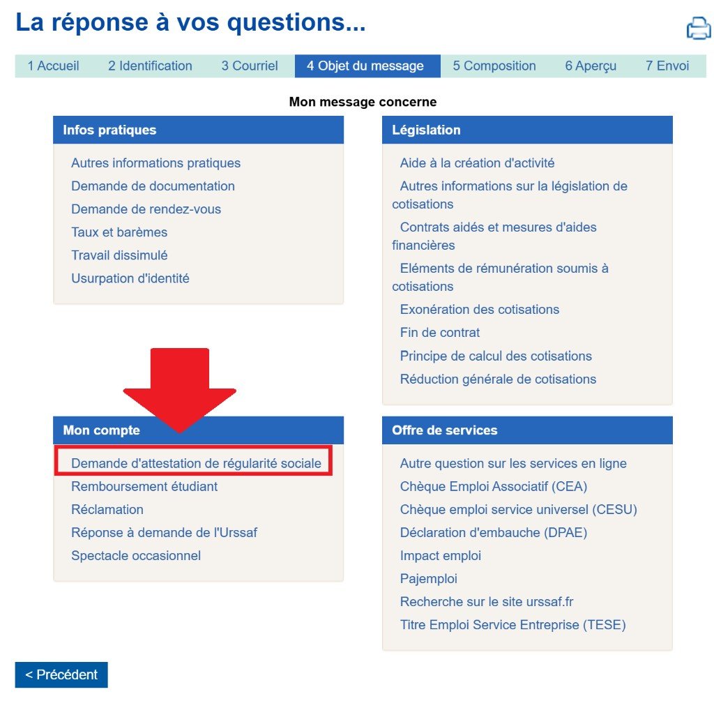 Étape 4 — Choisir Demande d'attestation de régularité sociale