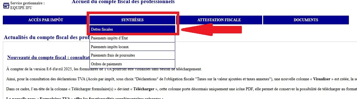 Capture d'écran montrant le menu Synthèses avec l'option Dettes fiscales mise en évidence