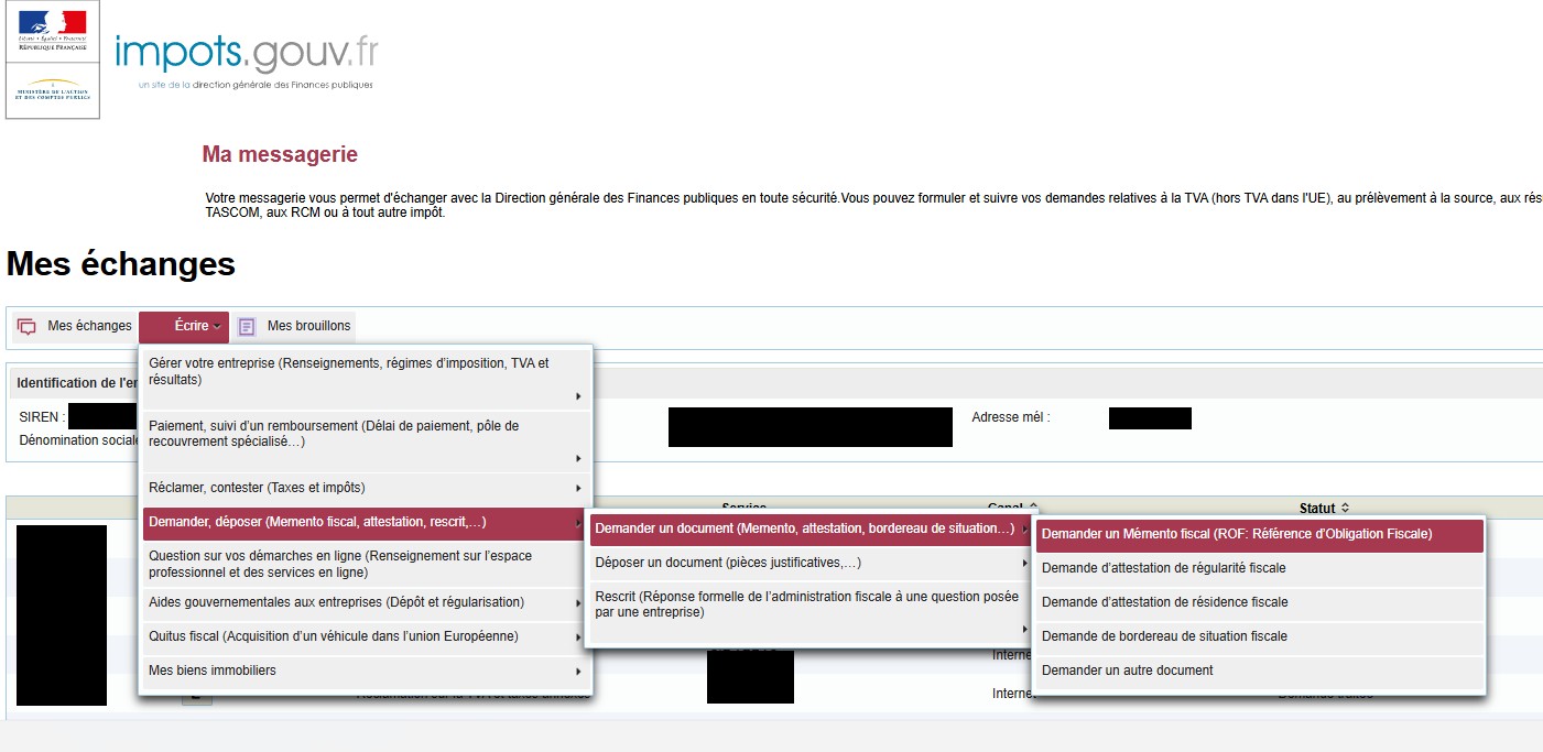 Capture d'écran : sélectionner 'Demander un mémento fiscal' dans la messagerie sécurisée