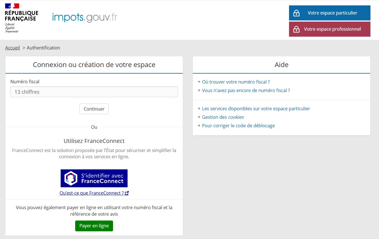 Page de connexion à l'espace particulier sur impots.gouv.fr