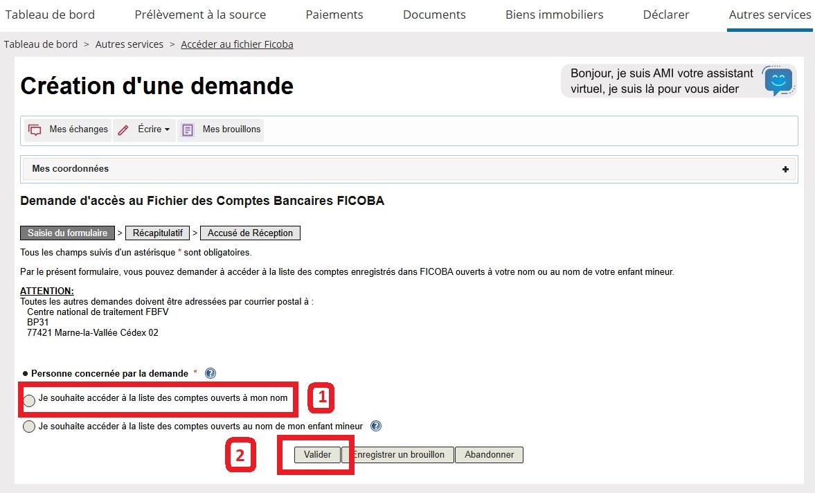 Bouton Je souhaite accéder à la liste des comptes ouverts à mon nom sur impots.gouv.fr