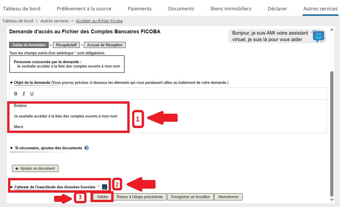 Formulaire de message pour la demande FICOBA avec case à cocher d'attestation